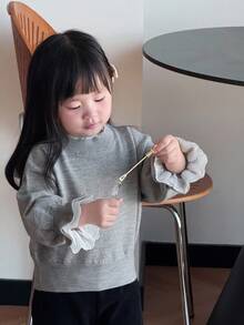 DAZY 女婴二合一韩式蕾丝拼接长袖毛衣幼儿女童服装 - 灰色 - 查看 5