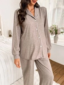 SHEIN Moonlight & Mama Women Contrast Trim Collar Long Sleeve Top & Pants Loose Maternity Pajama Set, Fall Winter Clothes