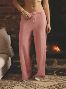 Aralina Sleepwear Fall Winter Cute Cosy Brushed Waffle Wide Leg Lounge Pant With Contrast Lace Trim - Pink - View 7