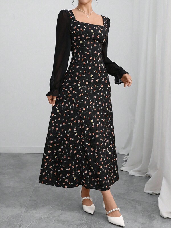 Al Najma 女式碎花方领长袖优雅阿拉伯风格连衣裙