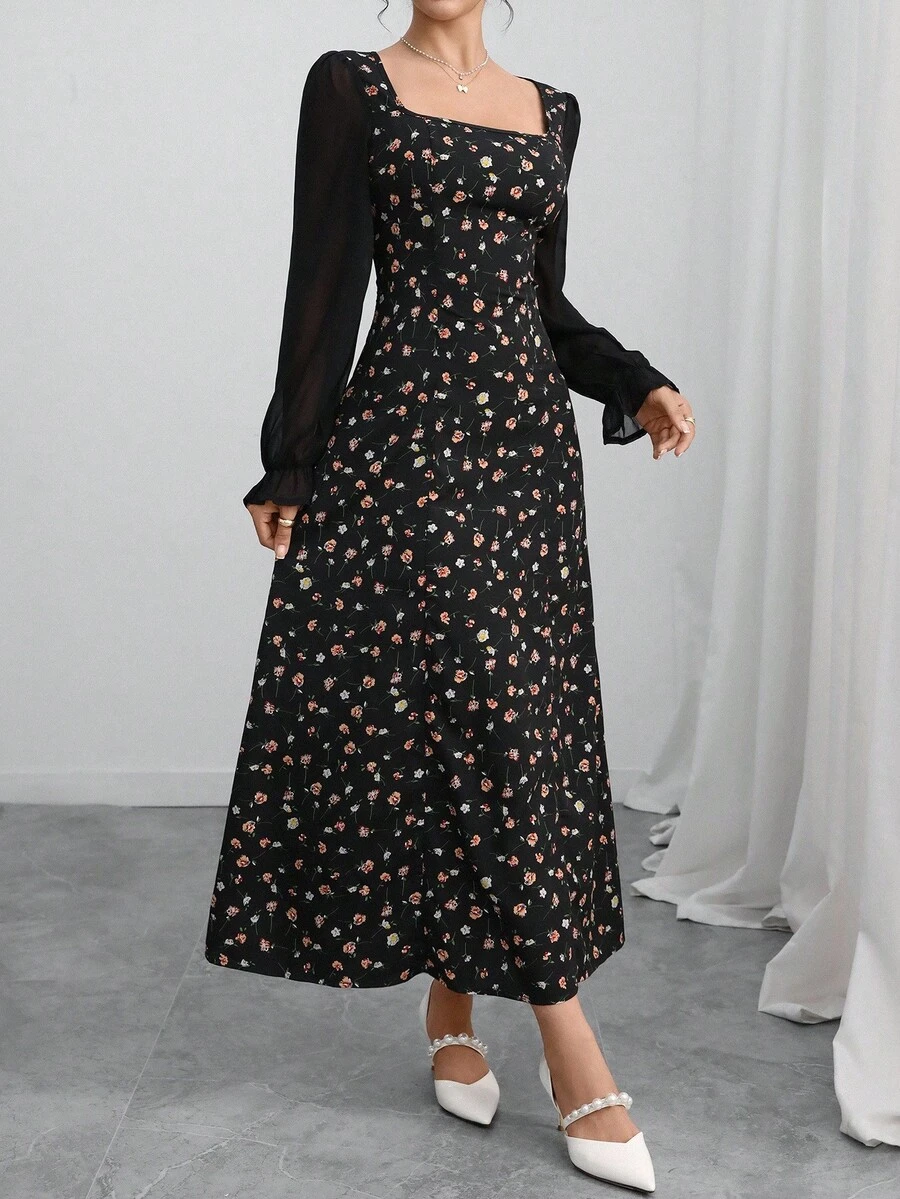 Al Najma 女式碎花方领长袖优雅阿拉伯风格连衣裙 - 黑色 - 查看 1