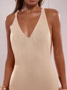 SHEIN BAE Women's Backless, Side Slit Hem Sexy Camisole Knit Dress In Fall/Winter - Khaki - View 6
