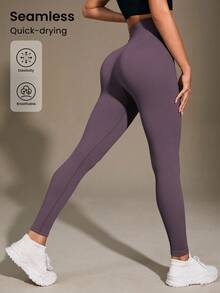 Easithlete Quần legging bó cạp cao liền mạch có gân dành cho nữ - Quần legging mềm mại như làn da thứ hai, nhanh khô, thoáng khí, co giãn 4 chiều, dùng để chạy bộ, đạp xe, tập yoga, bóng chày, thường ngày, màu đen - Màu đỏ tím - Xem 4