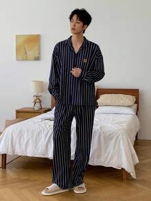 DAZY Navy Blue Striped Shirt With Embroidered Design Men's Loungewear Set, Autumn, Fall Clothes Pajama - Multicolor - View 3