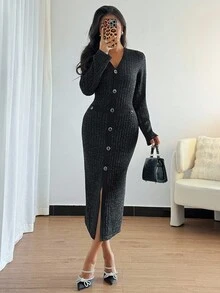 Rafferiza Vestido negro elegante de oficina con botones frontales para mujer - Negro - Ver 1