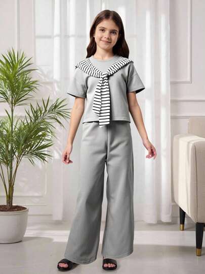 2 件青少年女孩休闲套装 - 条纹落肩短袖 T 恤和阔腿裤，适合日常、外出和家居穿着，全新夏季系列
