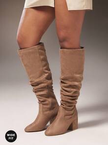 SHUZIA Wide Fit Ruched Faux Leather Knee High Block Heel Boots For Christmas - Light Grey - View 2