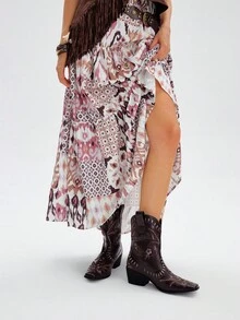 Styleloop 女式方头粗跟白色刺绣图案时尚一脚蹬踝靴，适合万圣节、圣诞节、派对 - 巧克力棕 - 查看 5