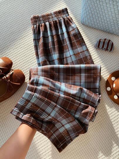 Comfortcana 女式休闲日常格子松紧腰宽松运动裤