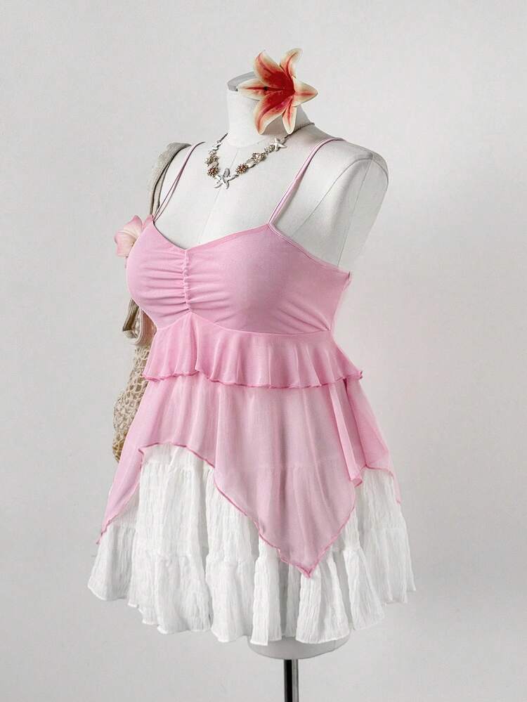 SHEIN Sweetro Y2K 性感不对称荷叶边吊带背心 - 粉色 - 查看 5