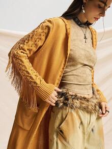 Easelle 女牛仔西部复古休闲串珠流苏细节连帽姜黄色长款毛衣，秋冬乡村音乐会 - 棕色 - 查看 5