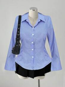 Sweetra Plus Size Blue Vertical Striped Blouse For Women, Slim Fit Collared Shirt Tops Fall Cloth For Women - Blue and White - View 1