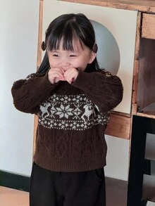 DAZY Baby Girls' Crew Neck Contrast Color Cartoon Print Long Sleeve Sweater Fall,Winter Toddler Girls Clothes - Coffee Brown - View 4