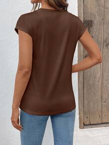 EMERY ROSE Women's Casual Solid Color V-Neck T-Shirt, Summer - Coffee Brown - View 2
