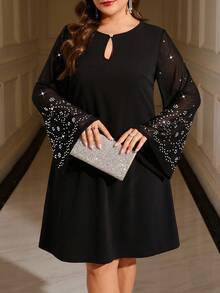 Reflora 大码女式优雅水钻连衣裙，适合秋冬季穿着 - 黑色 - 查看 2