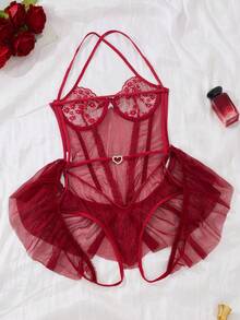 SHEIN Women's Lace Contrast Mesh Sheer Backless Bodysuit For Rave For Going Out - Burgundy - View 2