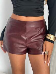 Aloruh Women's Fashionable Solid Color Low-Waist Shorts, Summer Fall Clothes Fall Clothes For Women All Women Fall For Women Fall Autumn Clothes Women's Fall Clothes Shorts For School  Concert Women Raves Festival Country Concert Ibizas Nashvilles Western Wear Women Western Boho Streetwear Tropical Gyaru Western Wear Women Western Gyaru Autumn Versatile Low Waist Leather Pants Y2K Cute Motorcycle Hot Girl Wine Red Short