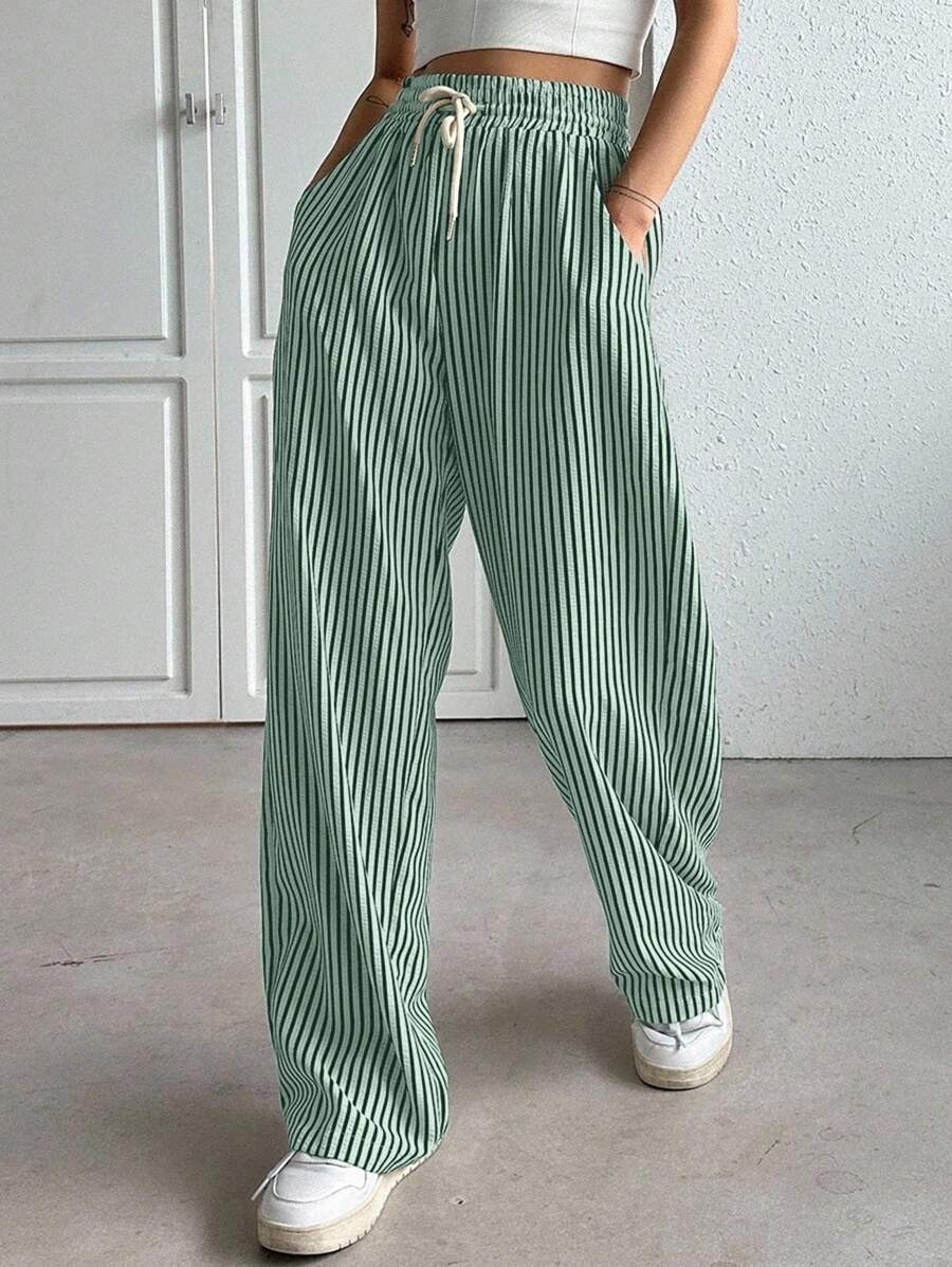 DAZY Women's Drawstring Waist Striped Pocket Wide Leg Loose Casual Pants - Green - View 1
