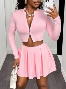 BamGleam Slayr 2pcs Women Casual V-Neck Zip-Up Short Sleeve Top And Pleated Skirt Tennis Outfit Set - A,Back To School Clothes,Pink Two Pieces,Fall Tops