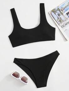 Swim Basics Summer Beach Rib Bikini Set Full Coverage Bikini Set - Black - View 3