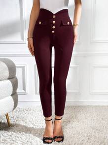 SHEIN Privé 女式高腰纽扣装饰紧身优雅裤 - 酒紅色 - 查看 5