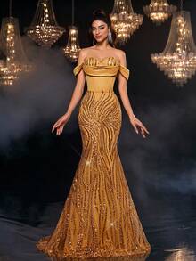 Glamrae Váy dạ hội sang trọng, đính ngọc trai và kim sa lấp lánh, trễ vai, tay loe, cổ xếp ly, viền đuôi cá, có thể điều chỉnh, phù hợp cho đám cưới, tiệc tùng, lễ tốt nghiệp và mọi dịp trang trọng - Rượu sâm banh - Xem 4