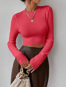 EMERY ROSE Women's Solid Color Round Neck Long Sleeve Cropped Fitted Pullover Sweater, Autumn Fall Winter Cloth For Women, Christmas - Watermelon Pink - View 5