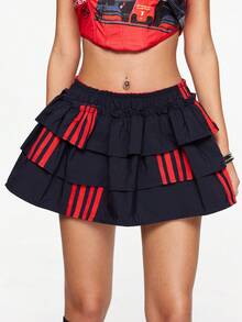 ROMWE Street Life 机车风多层褶皱裙，带有红色条纹装饰 - 黑色 - 查看 4