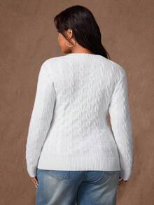 Rustia Plus Size Cute Casual Textured V-Neck Long Sleeve Sweater Fall Winter Cloth For Women Autumn - White - View 2
