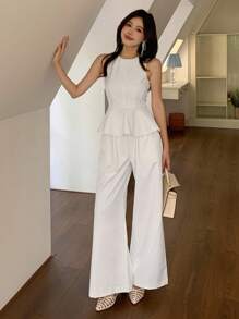 DAZY 2 piezas Mujer Cuello redondo Parte superior sin mangas con volante en el dobladillo, chaleco largo de unicolor para el verano