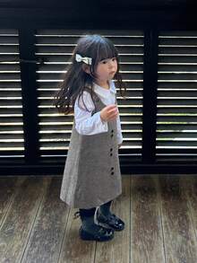 DAZY Gaun Sweater Midi Berlapis Gaya Korea Warna Polos Leher V untuk Balita Perempuan, Musim Gugur/Dingin - Grey - View 6