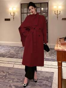 DAZY Women's Loose Waist Long Overcoat With Scarf Collar, Casual City Style,New Year - Burgundy - View 3