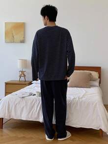DAZY Navy Striped Top & Solid Color Elastic Waist Pants Men's Casual Pajama Set, Autumn, Fall Winter Clothes