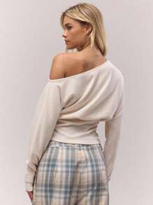 MUSERA 不对称领口收腰长袖上衣，复古乡村风，可爱舒适，休闲居家风，女士奶油糖色优雅情人节春夏假日必备 - 杏色 - 查看 3