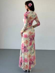 Aloruh 新款花卉网眼印花派对长袖修身连衣裙，度假风格，秋冬 - 杏色 - 查看 3