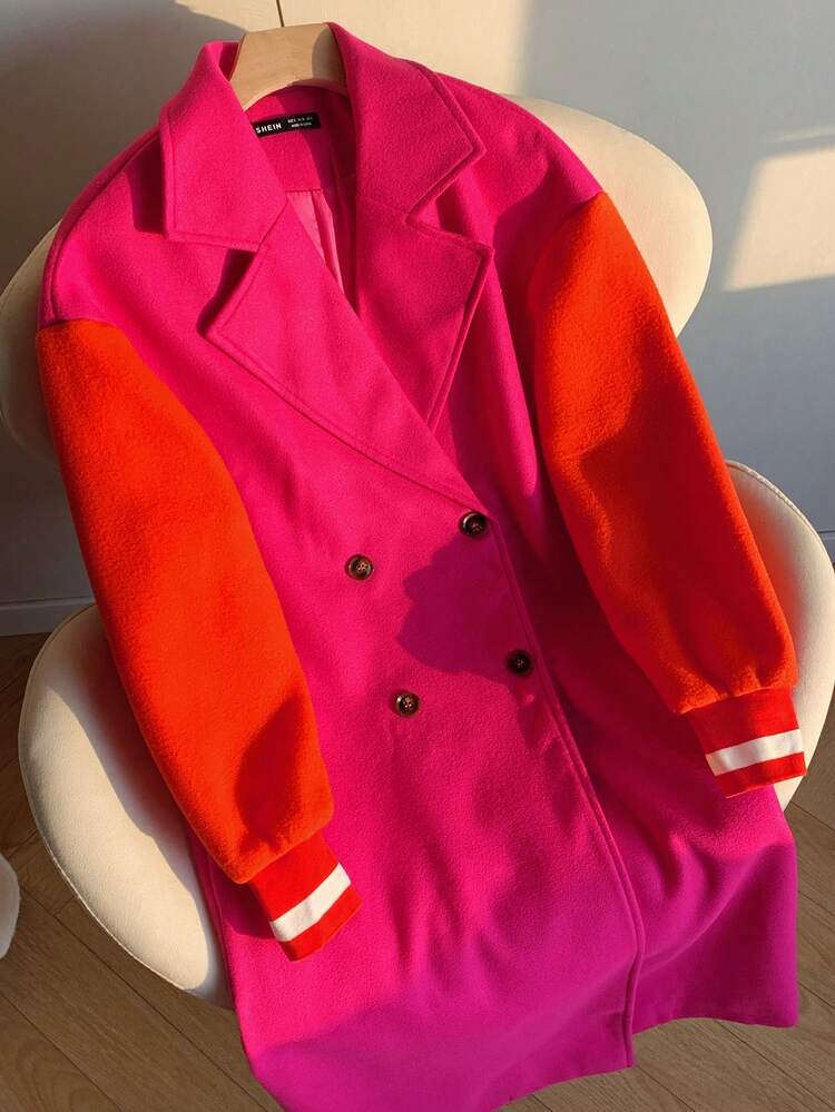 SHEIN EZwear Abrigo cruzado de doble botonadura con hombros caídos y bloques de color para otoño/invierno - Rosa Fucsia - Añade 3