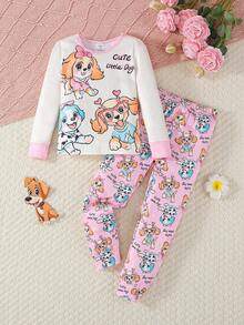 2 件套少女长袖上衣和紧身裤睡衣套装，柔软面料，可爱小狗图案 - 粉色 - 查看 1