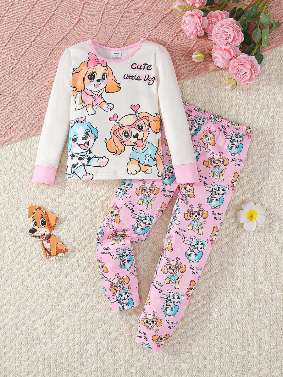 2 件套少女长袖上衣和紧身裤睡衣套装，柔软面料，可爱小狗图案 - 粉色 - 查看 1