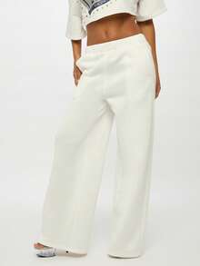 SUMWON WOMEN Bold Back Print High Rise White Baggy Jogger Pants Loose Fit Elastic Waist Street Style Loungewear Fall Winter Fashion Statement Text Print - White - View 5