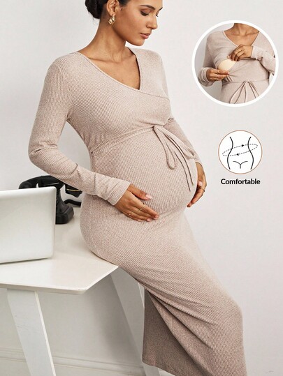 MaterniWear Maternity & Nursing Casual Solid Color Long Sleeve Dress Work Dresses For Women Beige  Breastfeeding Dress Pregnancy Dress Bump Friendly Dress  Office Outfits For Women   Fall Women Clothes  Fall  Fall Clothes For Women