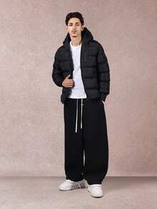 SUMWON Winter Puffer Jacket Quilted Hooded Bomber Style With Zip Pockets Ribbed Cuffs Insulated Down Alternative Coat For Cold Weather - Black - View 4