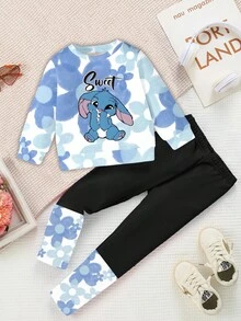SHEIN 2件套女婴休闲时尚创意卡通可爱蓝色碎花兔子字母印花卫衣和打底裤套装，姐妹装（2套单独出售）双胞胎女童服装 女婴服装 女婴服装 女童服装 女童兔子服装 秋冬 - 彩色 - 查看 4