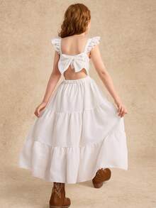 Girls' Vacation Sleeveless Ruffle Bowknot A-Line Shift Dress, Matching Sister Styles - White - View 3