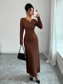 Elenzga Elegant Metallic Decor Waist-Cinched Knit Textured Women Dress, Suitable For Party And Everyday Wear