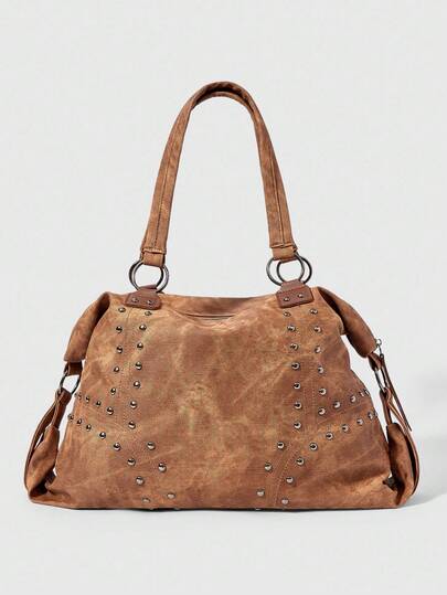 Grunge Punk حقيبة كبيرة السعة مزينة بالزوايا المعدنية للتنقل والتسوق