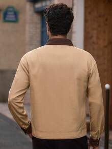 HIMLAND Men's Long Sleeve Casual Woven Patchwork Turndown Collar Loose Drop Shoulder Earthy Jacket Light Brown