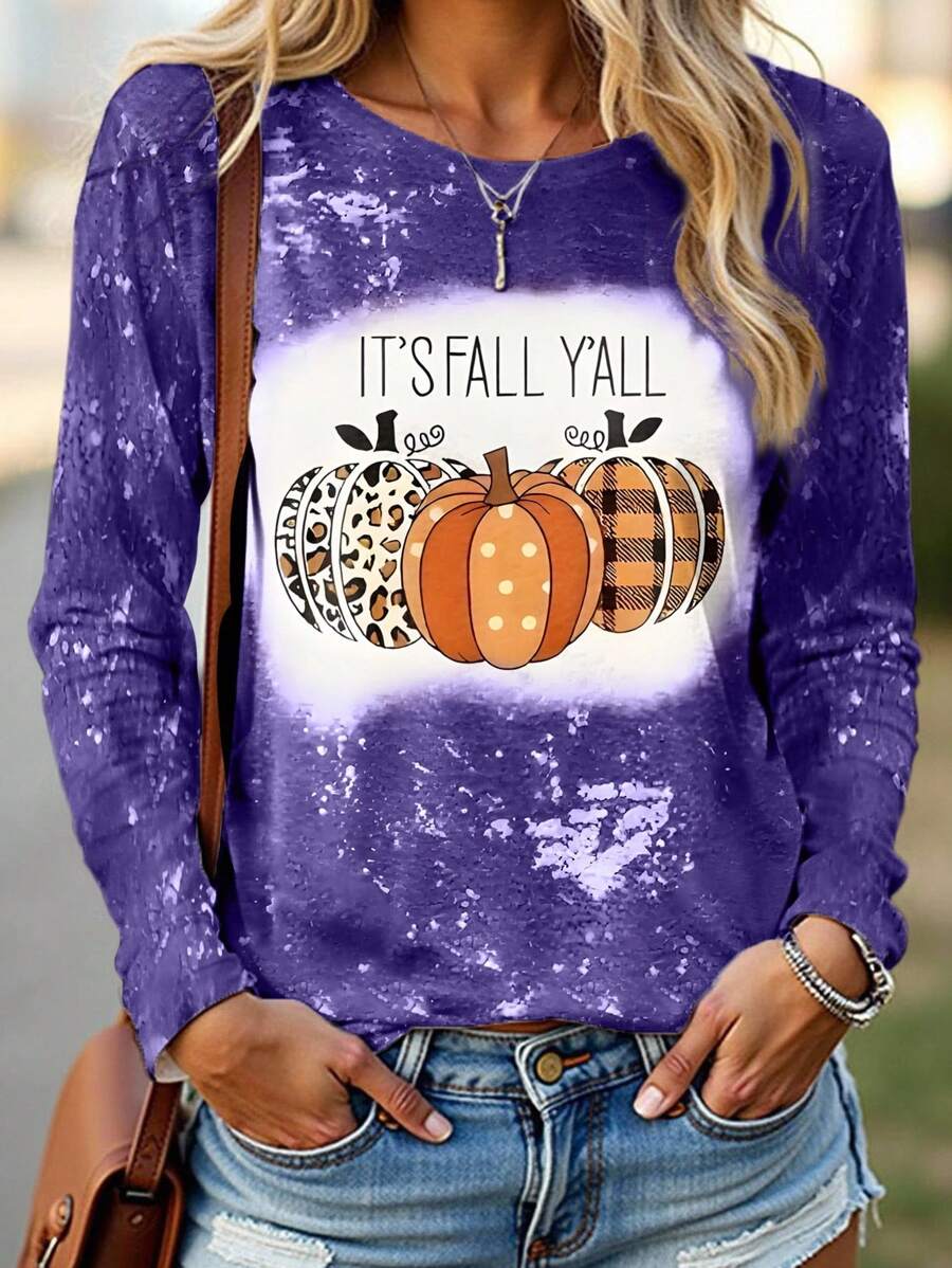 INAWLY Halloween Pumpkin Digital Print Long Sleeve T-Shirt For Women, Autumn Fall Top - Purple - View 1