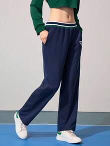 CourtClass CourtClass 女士休闲宽松字母印花撞色罗纹腰带直筒口袋长款运动裤，适合日常穿着和网球运动 - 藏蓝色 - 查看 4