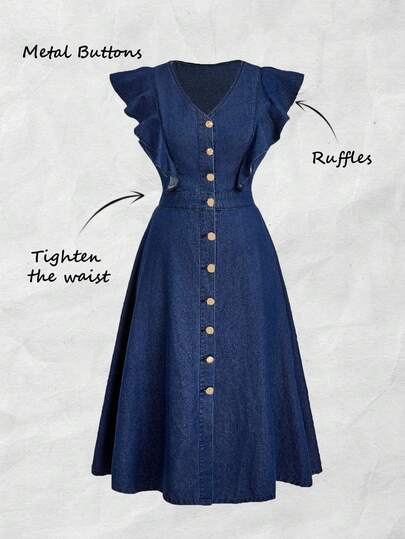 SHEIN MOD 大码休闲时尚百搭腰部荷叶边袖牛仔连衣裙