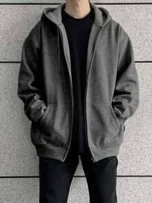 Manfinity Dauomo Áo hoodie dài tay có túi màu trơn dành cho nam, thường ngày cho mùa thu - Màu xám đen - Xem 2